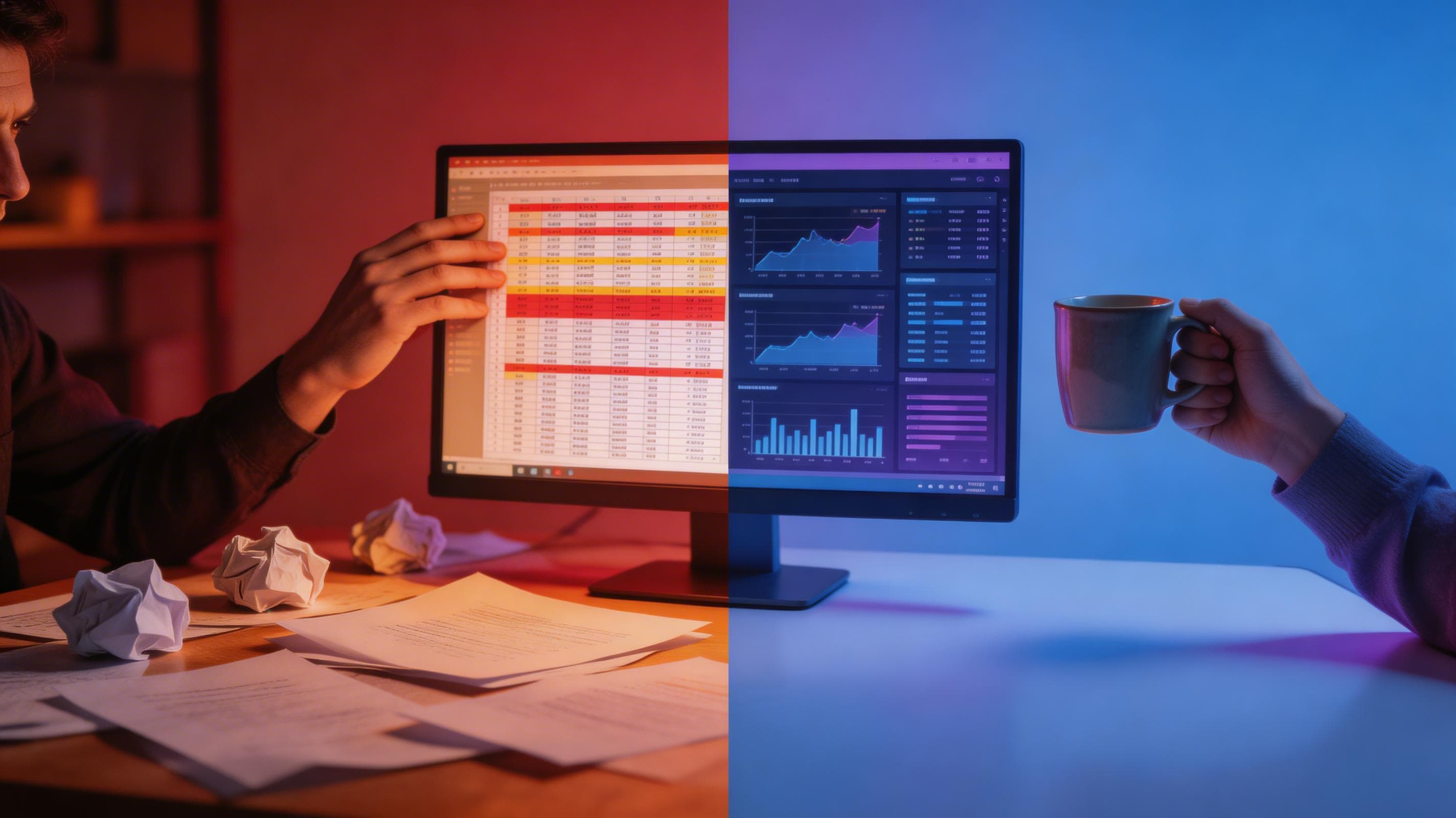 Before and after comparison — messy spreadsheet versus clean TradeJora dashboard